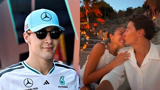 F1 driver George Russell (L) and Geroge Russell with his girlfriend, Carmen Montero Mundt.