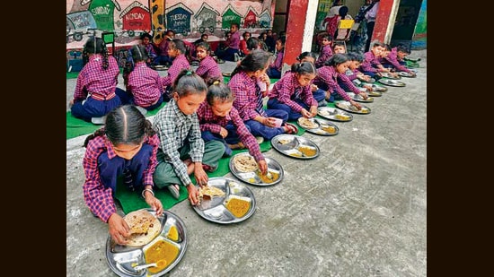 Mid-day meal served to students at a government school in Ludhiana. (HT File)
