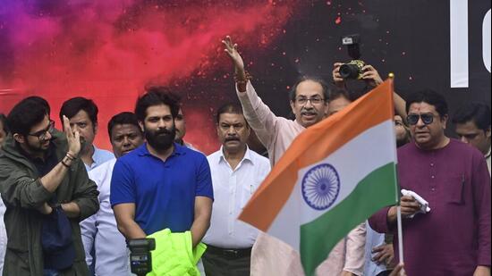 Mumbai, India - July 26, 2026: Shiv Sena (UBT) chief Uddhav Thackeray, MNS chief Raj Thackeray, Aditya Thackeray, NCP (SP) leaders, Congress leaders, CJP supporters and hundreds of youths gather at Shivaji Park, Dadar, to celebrate the resignation of Union Education Minister Dharmendra Pradhan, calling it a victory for the nationwide student movement over the NEET paper leak and examination irregularities., in Mumbai, India, on Sunday, July 26, 2026. (Photo by Anshuman Poyrekar/Hindustan Times) (Anshuman Poyrekar/HT Photo)