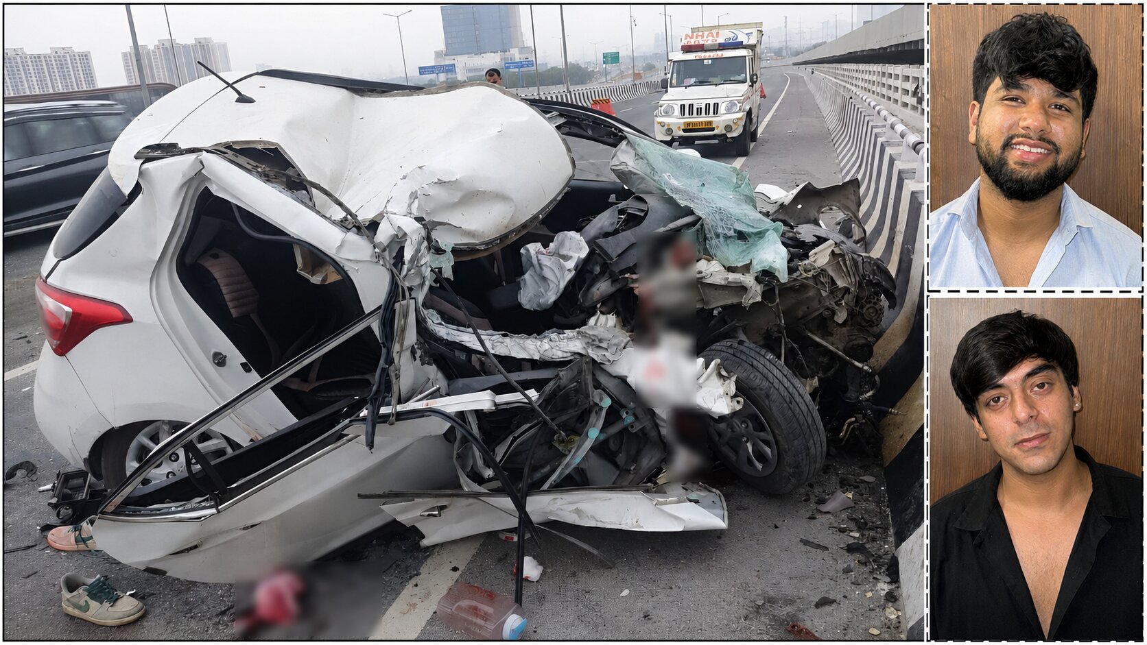 The mangled remain of the car on Dwarka Expressway on July 20; (top inset) Dipank Malik; (bottom inset) Saksham Sachdeva. (HT Photo)
