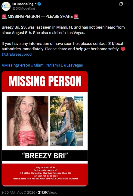 Breezy Bri missing post put up by talent agency OC Modeling. (X/@OCModeling) Breezy Bri missing post put up by talent agency OC Modeling. (X/@OCModeling)