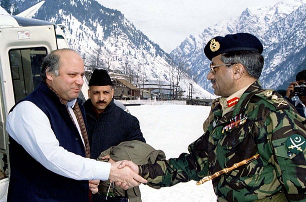 Nawaz Sharif being greeted by Pervez Musharraf at the Skardu Army Base during the height of Kargil War. Nawaz Sharif being greeted by Pervez Musharraf at the Skardu Army Base during the height of Kargil War.