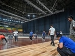 A view inside the newly renovated Indira Gandhi Indoor Stadium ahead of the BWF World Championships 2026, scheduled to be held from August 17 to 23 in New Delhi. (Sanchit Khanna/ Hindustan Times)