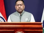 Ministry of External Affairs (MEA) Spokesperson Randhir Jaiswal addresses a press briefing, in New Delhi on Friday.
