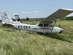 According to police, the incident occurred around 12.23 pm when the Cessna 172 aircraft, bearing registration number VT-SEX and being used for flight training, veered off at Baramati airport. (HT PHOTO)