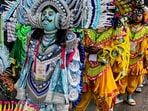 Artists dressed up during the inauguration of the Jharkhand Tribal Festival 2026 in Ranchi, Sunday (PTI)