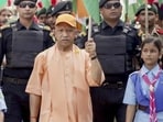 Chief minister Yogi Adityanath during the Tiranga Yatra in Lucknow on Sunday. (PTI PHOTO)