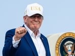 US President Donald Trump gestures as he boards Air Force One on August 9, 2026 at Morristown Airport in Morristown, New Jersey. (Getty Images via AFP)