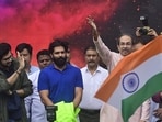 Mumbai, India - July 26, 2026: Shiv Sena (UBT) chief Uddhav Thackeray, MNS chief Raj Thackeray, Aditya Thackeray, NCP (SP) leaders, Congress leaders, CJP supporters and hundreds of youths gather at Shivaji Park, Dadar, to celebrate the resignation of Union Education Minister Dharmendra Pradhan, calling it a victory for the nationwide student movement over the NEET paper leak and examination irregularities., in Mumbai, India, on Sunday, July 26, 2026. (Photo by Anshuman Poyrekar/Hindustan Times) (Anshuman Poyrekar/HT Photo)