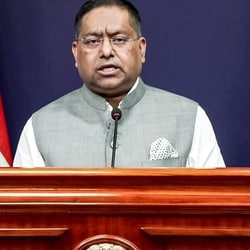 Ministry of External Affairs (MEA) Spokesperson Randhir Jaiswal addresses a press briefing, in New Delhi on Friday.
