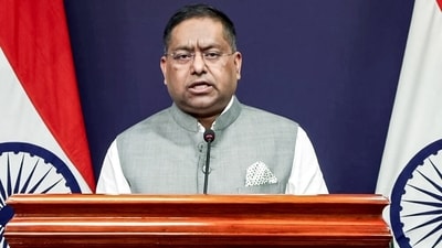 Ministry of External Affairs (MEA) Spokesperson Randhir Jaiswal addresses a press briefing, in New Delhi on Friday.
