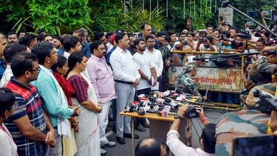 Jharkhand Ministers Dipika Pandey, Sanjay Prasad Yadav and Sudipto Sonu address the media along with the student leader Kunal Pratap Singh after the meeting at the State Guest House in Ranchi. (ANI Photo) Jharkhand Ministers Dipika Pandey, Sanjay Prasad Yadav and Sudipto Sonu address the media along with the student leader Kunal Pratap Singh after the meeting at the State Guest House in Ranchi. (ANI Photo)