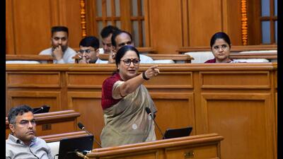 Chief minister Rekha Gupta during the Monsoon Session of the Delhi Legislative Assembly on Monday (HT)