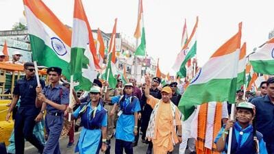 Chief minister Yogi Adityanath leading the Tiranga Yatra in Gorakhpur on Monday. (ANI PHOTO) Chief minister Yogi Adityanath leading the Tiranga Yatra in Gorakhpur on Monday. (ANI PHOTO)