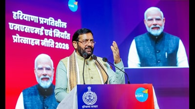 Haryana chief minister Nayab Saini speaks during the launch event of the "Haryana Progressive MSME and Export Promotion Policy", in Karnal on Monday. (ANI)