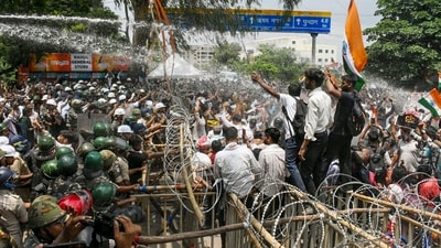 Police personnel deploy water cannons to disperse student protesters in Ranchi on Monday. (PTI) Police personnel deploy water cannons to disperse student protesters in Ranchi on Monday. (PTI)