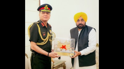 Punjab chief minister Bhagwant Mann meeting General Dhiraj Seth, Chief of the Army Staff , in Chandigarh on Monday. (Sourced) Punjab chief minister Bhagwant Mann meeting General Dhiraj Seth, Chief of the Army Staff , in Chandigarh on Monday. (Sourced)