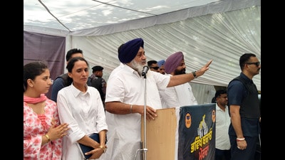 Shiromani Akali Dal (SAD) president Sukhbir Badal addressing students at a protest against the Punjab government organised by SOI in Bathinda on Monday. (Sanjeev Kumar/HT) Shiromani Akali Dal (SAD) president Sukhbir Badal addressing students at a protest against the Punjab government organised by SOI in Bathinda on Monday. (Sanjeev Kumar/HT)