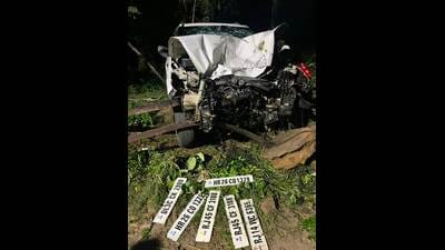 The car which was abandoned by its driver following the mishap near mishap Kalajhar toll plaza in Sangrur on Sunday.