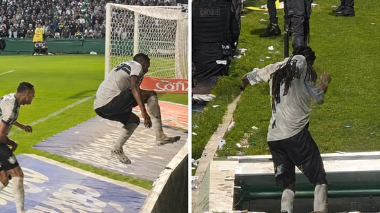 Jacy Maranhao fell into a tunnel after he got a bit carried away while celebrating his goal(Screengrabs - X)