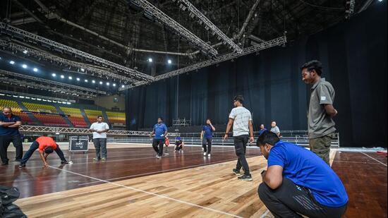 A view inside the newly renovated Indira Gandhi Indoor Stadium ahead of the BWF World Championships 2026, scheduled to be held from August 17 to 23 in New Delhi. (Sanchit Khanna/ Hindustan Times)