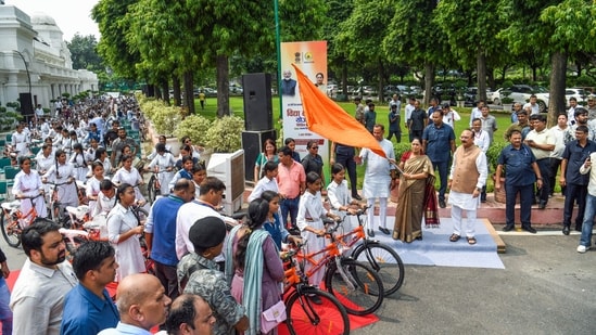 Delhi CM Rekha Gupta distributes bicycles to 200 Class 9 girl students of govt schools(Amit)