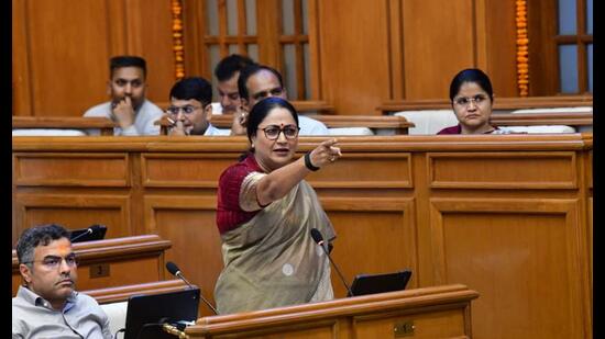 Chief minister Rekha Gupta during the Monsoon Session of the Delhi Legislative Assembly on Monday (HT)