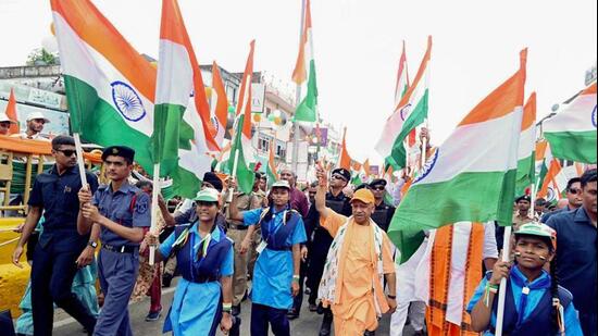 Chief minister Yogi Adityanath leading the Tiranga Yatra in Gorakhpur on Monday. (ANI PHOTO)