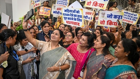 Beneficiaries of the Delhi Lakshmi Yojana are also required to undertake online pledge for “Ek Pedh Maa ke Naam”, “Swachh Bharat” and “No To Single-Use Plastic”, or other programmes prescribed by the government. (HT Photo/Sanchit Khanna)