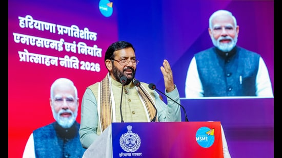 Haryana chief minister Nayab Saini speaks during the launch event of the "Haryana Progressive MSME and Export Promotion Policy", in Karnal on Monday. (ANI)
