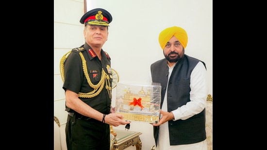 Punjab chief minister Bhagwant Mann meeting General Dhiraj Seth, Chief of the Army Staff , in Chandigarh on Monday. (Sourced)