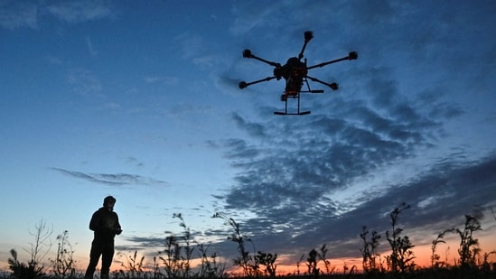 Ukrainian servicemen launches a Vampire combat drone before flying over positions of Russian troops in Zaporizhzhia region