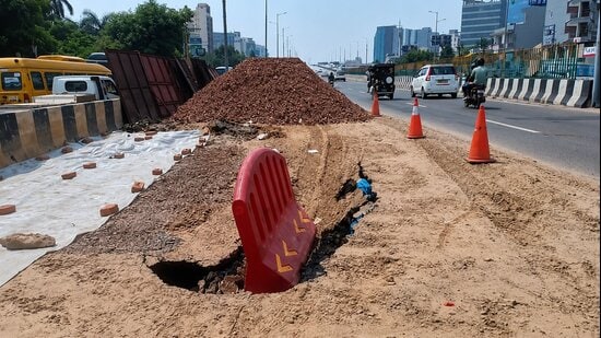 The latest damage took place near SD Adarsh School, where the road has suffered repeated collapses linked to the ageing sewer pipeline. (HT Photo)