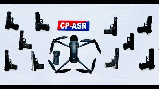 Weapons and drones seized by police.