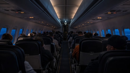 As the plane takes off, the cabin lights are dimmed immediately.