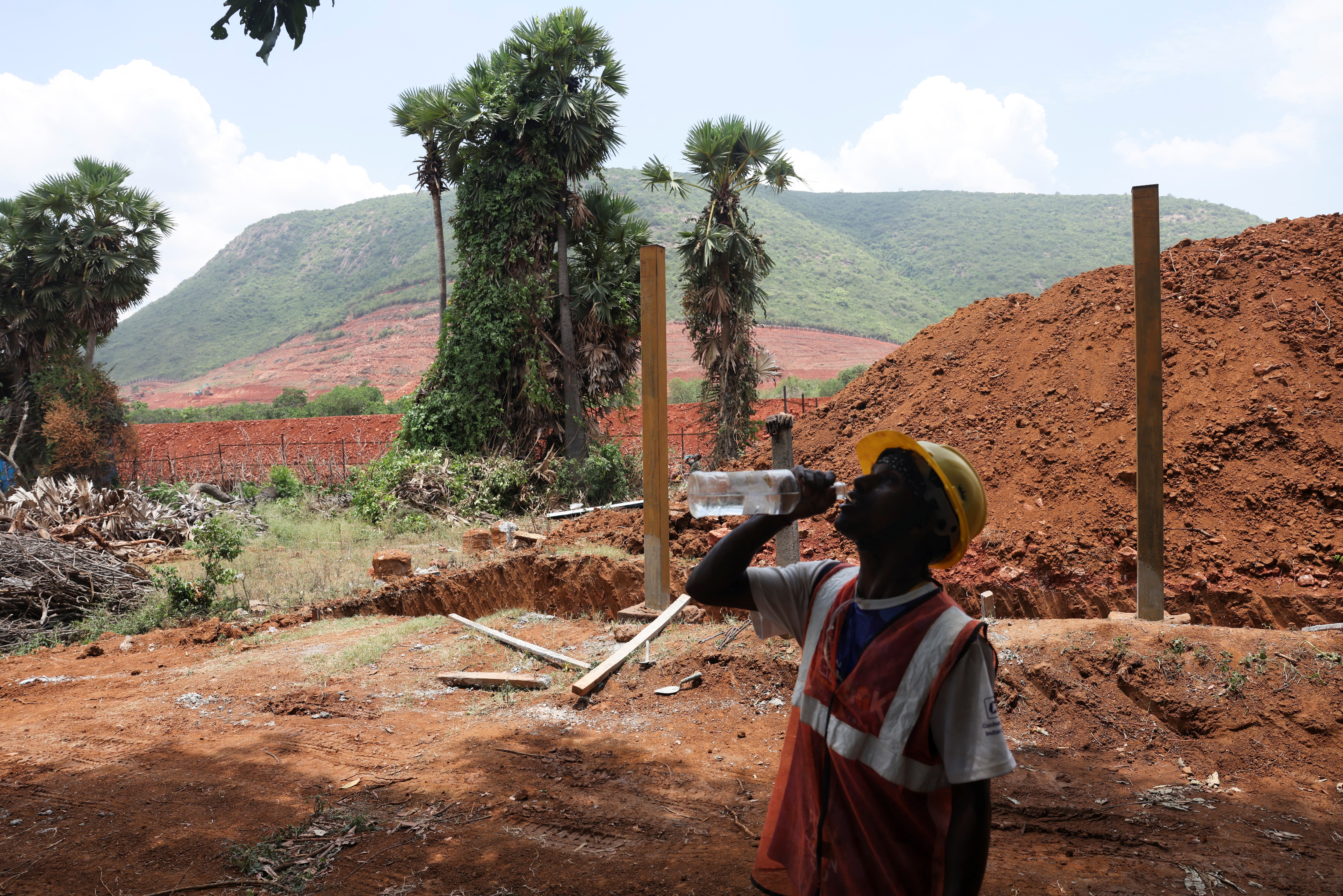 A construction worker at the construction site of the Google-Adani data centre in Tarluvada, Visakhapatnam, Andhra Pradesh. (Reuters)