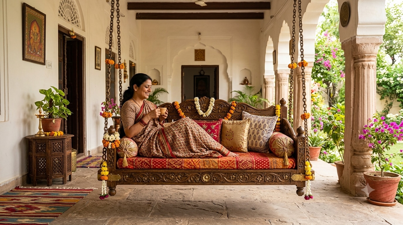 A traditional Indian swing that adds warmth, nostalgia and a relaxed charm to the living room. (AI generated image) A traditional Indian swing that adds warmth, nostalgia and a relaxed charm to the living room. (AI generated image)