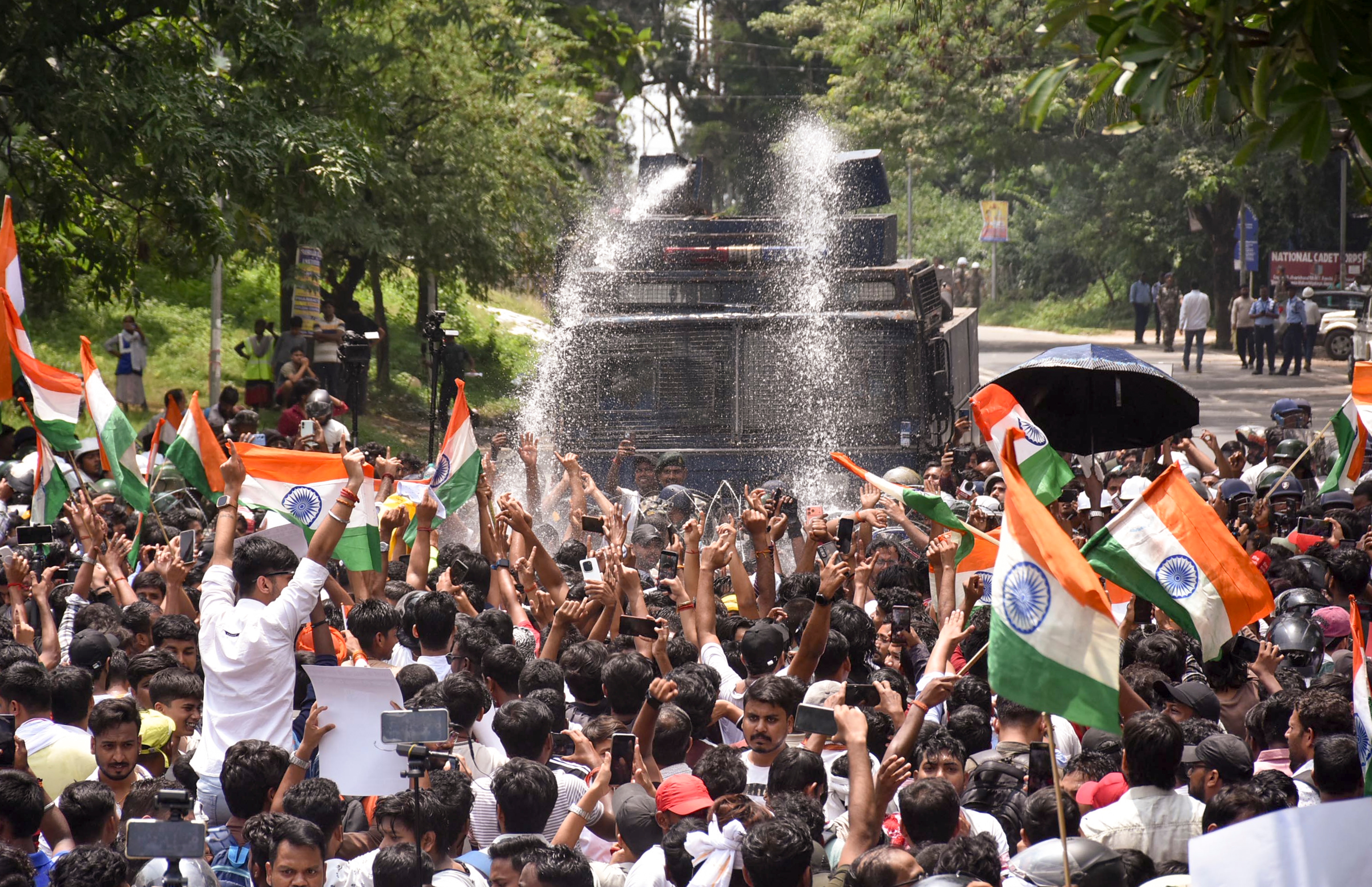 Water cannons being used on people marching towards the Jharkhand assembly in Ranchi on Monday, August 10, 2026. (PTI) Water cannons being used on people marching towards the Jharkhand assembly in Ranchi on Monday, August 10, 2026. (PTI)