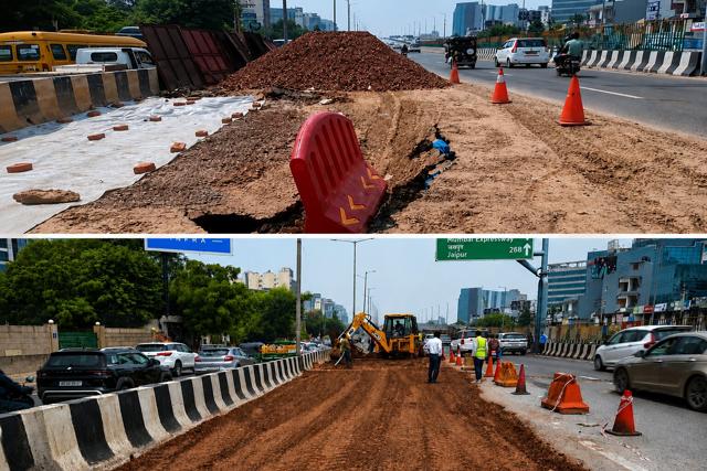 The road section that caved in (left) and the same stretch after repairs later on Monday. (HT) The road section that caved in (left) and the same stretch after repairs later on Monday. (HT)