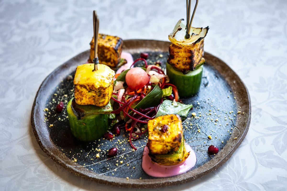 Tandoori paneer and fresh fig skewers recipe. (India Palace Restaurant) Tandoori paneer and fresh fig skewers recipe. (India Palace Restaurant)