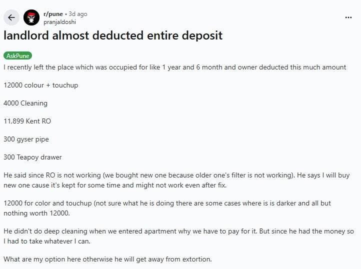 A Pune tenant’s dispute over a security deposit has sparked a debate on Reddit over what landlords can legitimately deduct when a tenant moves out. (Reddit post screenshot)