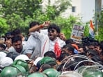 Protesters being restricted by security personnel during students' march towards Jharkhand Assembly to protest against the government over alleged JPSC and JSSC-CGL examination paper leak, in Ranchi.