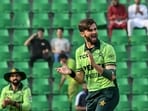 Pakistan's captain Shaheen Shah Afridi celebrates after taking a wicket. 