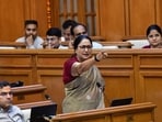 Chief minister Rekha Gupta during the Monsoon Session of the Delhi Legislative Assembly on Monday (HT)