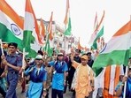 Chief minister Yogi Adityanath leading the Tiranga Yatra in Gorakhpur on Monday. (ANI PHOTO)