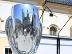 A giant replica of the UEFA Super Cup trophy is pictured at a fan area in the city centre of Salzburg, Austria.