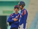 India's captain Shubman Gill, right, talks with head coach Gautam Gambhir
