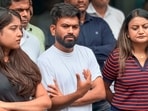CJP founder Abhijeet Dipke, centre, with team member Ratna Singh, right, and others during an interaction with the media in Chhatrapati Sambhaji Nagar, Maharashtra. (PTI)