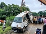 Rajgarh: A crane lifts a van out of a flooded drain at Padana village, in Rajgarh district, Madhya Pradesh. Nine people died and two survived after the vehicle was swept away while crossing an overflowing bridge