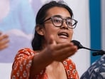 All India Students' Association (AISA) National President Neha Bora interacts with the media during a press conference in Kolkata on Tuesday, August 11, 2026.(Swapan Mahapatra/PTI Photo)
